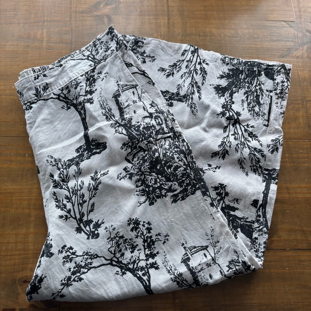 Joie Linen High Waist Wide Leg Crop Pull On Pants-Black/White Tree Print-Size XL